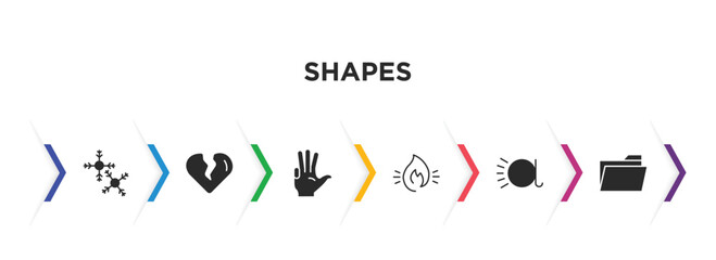 shapes filled icons with infographic template. glyph icons such as two snow flakes, broken heart, four finger in hand, fire over line, letter glow effect, open folder vector.
