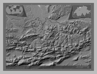 Basel-Landschaft, Switzerland. Grayscale. Labelled points of cities