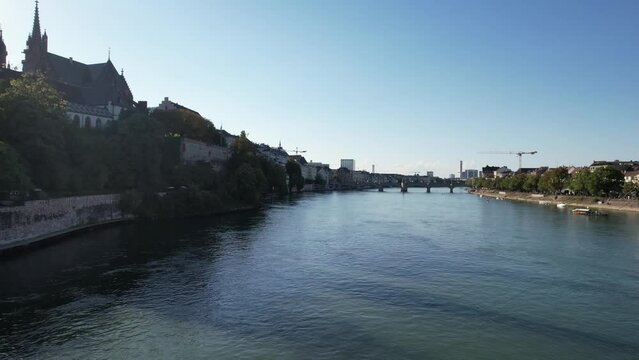 view of the river rhein in the city basel in switzerland
