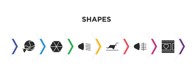 shapes filled icons with infographic template. glyph icons such as moon and broom, poligon, low beam, multiple line, fog light, film strip with heart vector.