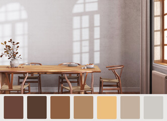 Interior design scene with palette color. Different colors and patterns. Architect and designer concept idea. Bohemian wooden dining room in boho style