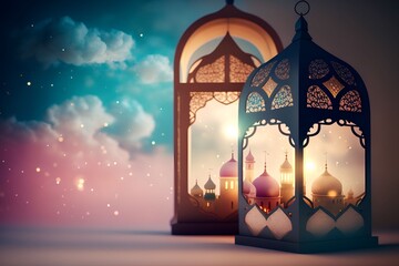 islamic background lanterns and mosque’s, Generative AI
