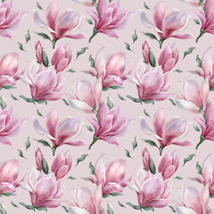 Seamless floral pattern with magnolia hand-drawn painted in a watercolor style. The seamless pattern can be used on a variety of surfaces, wallpaper, textiles or packaging.