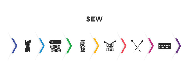sew filled icons with infographic template. glyph icons such as styling, fabrics, thread, handloom, knitting neddles, stitches vector.