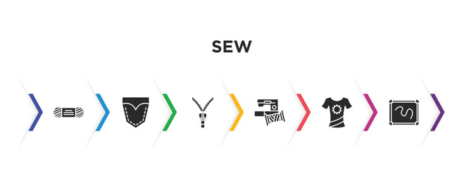 sew filled icons with infographic template. glyph icons such as wool, jeans pocket, slide fastener, sewing clip art, garment, drawing board vector.