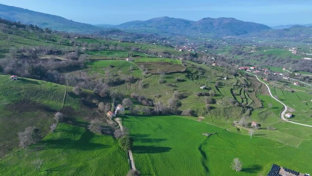 Countryside landscape in winter near Selaya and Las Rozadas. Aerial view from a drone in the Valles Pasiegos in the Autonomous Community of Cantabria, Spain, Europe