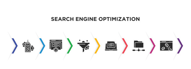 search engine optimization filled icons with infographic template. glyph icons such as tags, content, funnel, blogging, shared folder, pay per click vector.