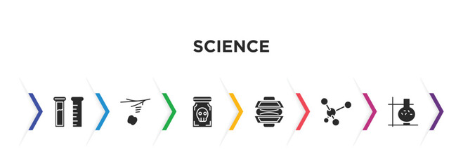 science filled icons with infographic template. glyph icons such as test tube, gravity, poison, force, molecule, lab vector.