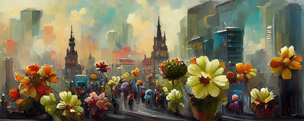 a painting of a city with flowers in the foreground, generative AI