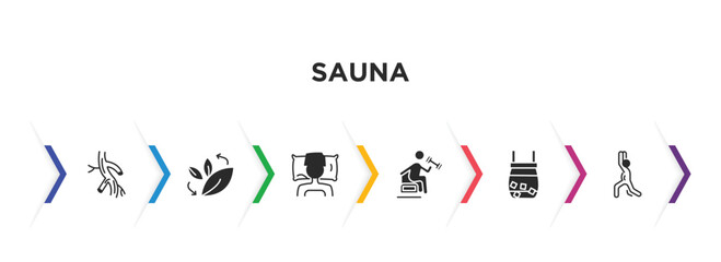 sauna filled icons with infographic template. glyph icons such as arterioles, fresh air supply, private spa, vascular workout, cold plunge, warming-up time vector.