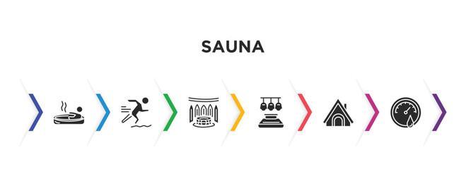 sauna filled icons with infographic template. glyph icons such as irish steam bath, adrenalin rush, turkish bath, light stimulation, hideaway, hygrometer vector.