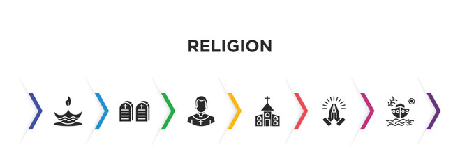 religion filled icons with infographic template. glyph icons such as diwali, commandments, priest, christianity, pray, noah ark vector.