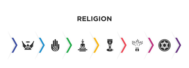 religion filled icons with infographic template. glyph icons such as god, jainism, great buddha, holy chalice, incense, blasphemy vector.