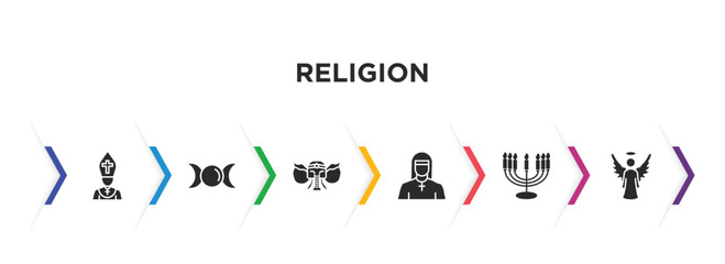 religion filled icons with infographic template. glyph icons such as pope, goddess, ganesha, anglican, menorah, angel vector.