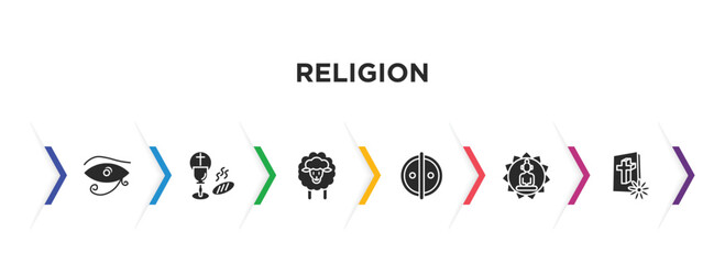 religion filled icons with infographic template. glyph icons such as eye of ra, communion, lamb, animism, buddhism, christian vector.