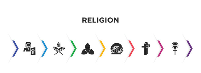 religion filled icons with infographic template. glyph icons such as orthodox, koran, paganism, calvary, cross, gticism vector.