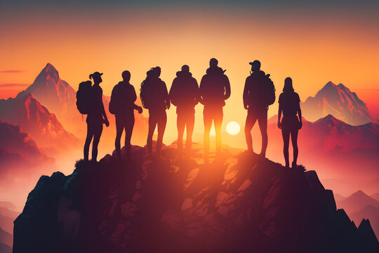 Group of people standing on top of a high mountain and looking at the sunset. personal development, relationships, and postive mindset photo - generative ai