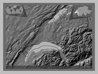 Vaud, Switzerland. Grayscale. Labelled points of cities