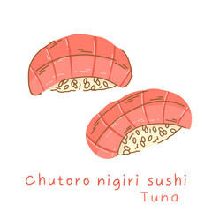 Portioned chutoro nigiri sushi with tuna on rice side view and three quarter view