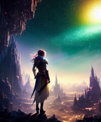 Obraz premium fantasy portrait of a person standing on the edge of a rock and overlooking an unusual and rocky terrain with tall pointy rocks