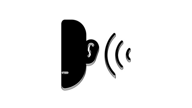 Black Ear listen sound signal icon isolated on white background. Ear hearing. 4K Video motion graphic animation