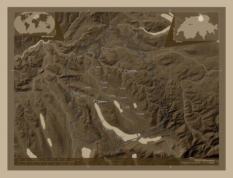 Zurich, Switzerland. Sepia. Labelled points of cities