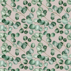 Seamless floral pattern with eucalyptus hand-drawn painted in a watercolor style. The seamless pattern can be used on a variety of surfaces, wallpaper, textiles or packaging.