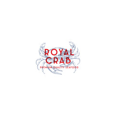 Logo template with an image of a crab drawn by graphic lines on a light background. Retro emblem for the menu of fish restaurants, markets and shops. Vector vintage engraving illustration.