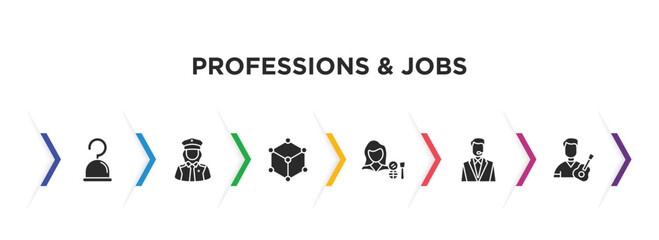 professions & jobs filled icons with infographic template. glyph icons such as pirate, policewoman, model, makeup artist, bouncer, guitar player vector.