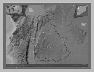 Idlib, Syria. Grayscale. Labelled points of cities