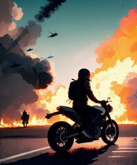 Fototapeta na wymiar epic illustration of a person on a motorbike with fire and smoke burning in the background