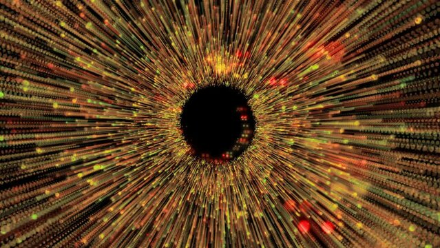 Journey through glowing galaxy. Light tube fly.