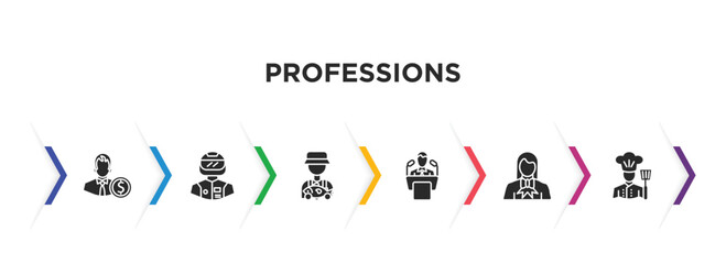 professions filled icons with infographic template. glyph icons such as accountant, racer, fisherman, politician, lawyer, cooker vector.