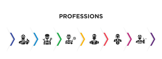 professions filled icons with infographic template. glyph icons such as firefighter, mechanic, welder, office worker, financial manager, fireman vector.