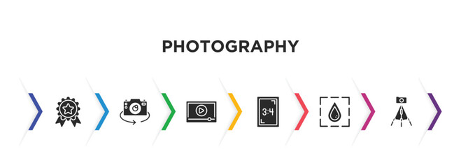 photography filled icons with infographic template. glyph icons such as high quality, chroma, play video, aspect, blur, tr vector.