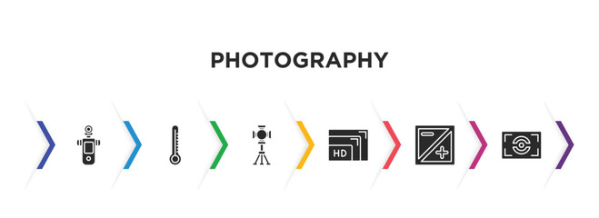 photography filled icons with infographic template. glyph icons such as light meter, temperatures, spotlight, resolution, exposure, metering vector.