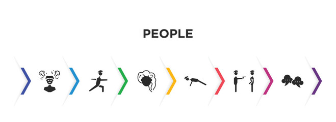 people filled icons with infographic template. glyph icons such as man angry, stretching exercises, woman hair, push ups, police arresting man, speak bubble vector.