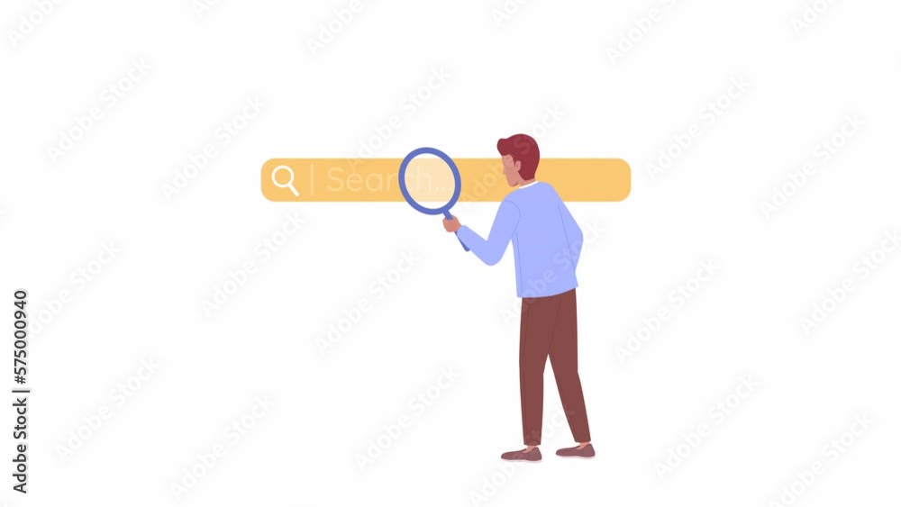 Poster animated guy with search string. curious man with magnifying glass. 2d cartoon flat character 4k vid