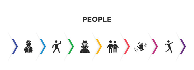 people filled icons with infographic template. glyph icons such as student books, dancing man, gangsters, man hugging, slap, shot put vector.