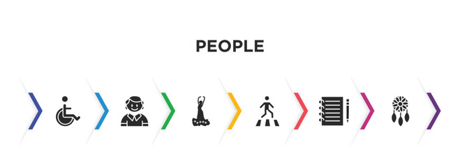 people filled icons with infographic template. glyph icons such as handicapped, small boy, spanish woman, road crossing, pencil and notebook, bohemian vector.