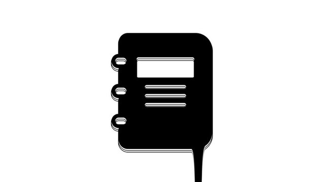 Black Notebook icon isolated on white background. Spiral notepad icon. School notebook. Writing pad. Diary for school. 4K Video motion graphic animation