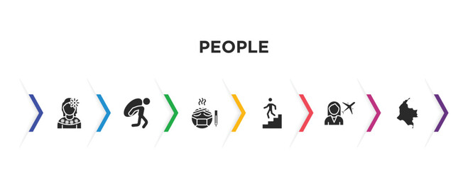 people filled icons with infographic template. glyph icons such as mexican woman, burden, sickness, walking downstairs, foreign reporter, colombian vector.