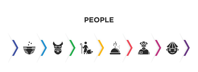 people filled icons with infographic template. glyph icons such as baby diaper, devil mask, shepherd, serve, old man, vietnamese vector.