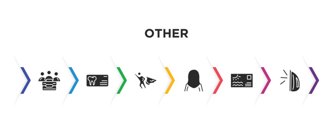 Fototapeta na wymiar other filled icons with infographic template. glyph icons such as limited liability, dentist business card, super hero, arabian woman, sea business card, flatiron vector.