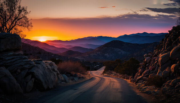 Beautiful landscape road in the mountains at sunset. 4k wallpaper