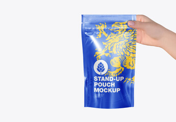 Glossy Stand-up Pouch with Hand Mockup