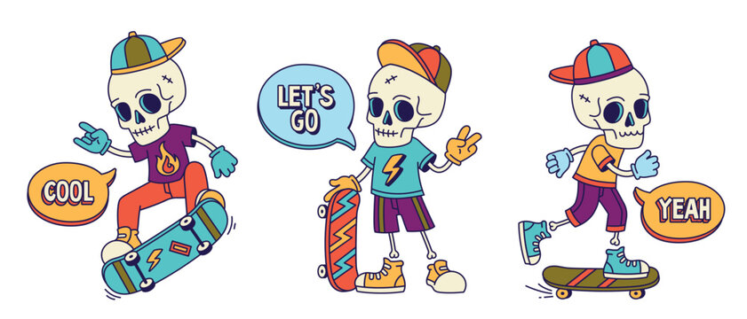 Skater skull characters. Set of cool stickers with skateboarding skeletons. Design elements for posters, social media and clothing prints. Cartoon flat vector collection isolated on white background