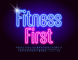 Fototapeta na wymiar Vector creative banner Fitness First. Elegant Glowing Font. Bright Neon Alphabet Letters, Numbers and Symbols