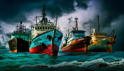 Fototapeta na wymiar Photography_of_some_ships_on_the_cost_silence_ocean