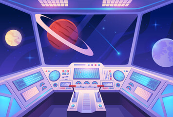 Spaceship interior. Colorful poster with view from cockpit of rocket to planets and stars in outer space. Design element for mobile game or application. Cartoon flat vector illustration © 100% HAND-CRAFTED